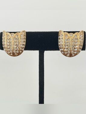 Vintage 80s Monet gold tone rhinestone pave tulip clip on statement earrings